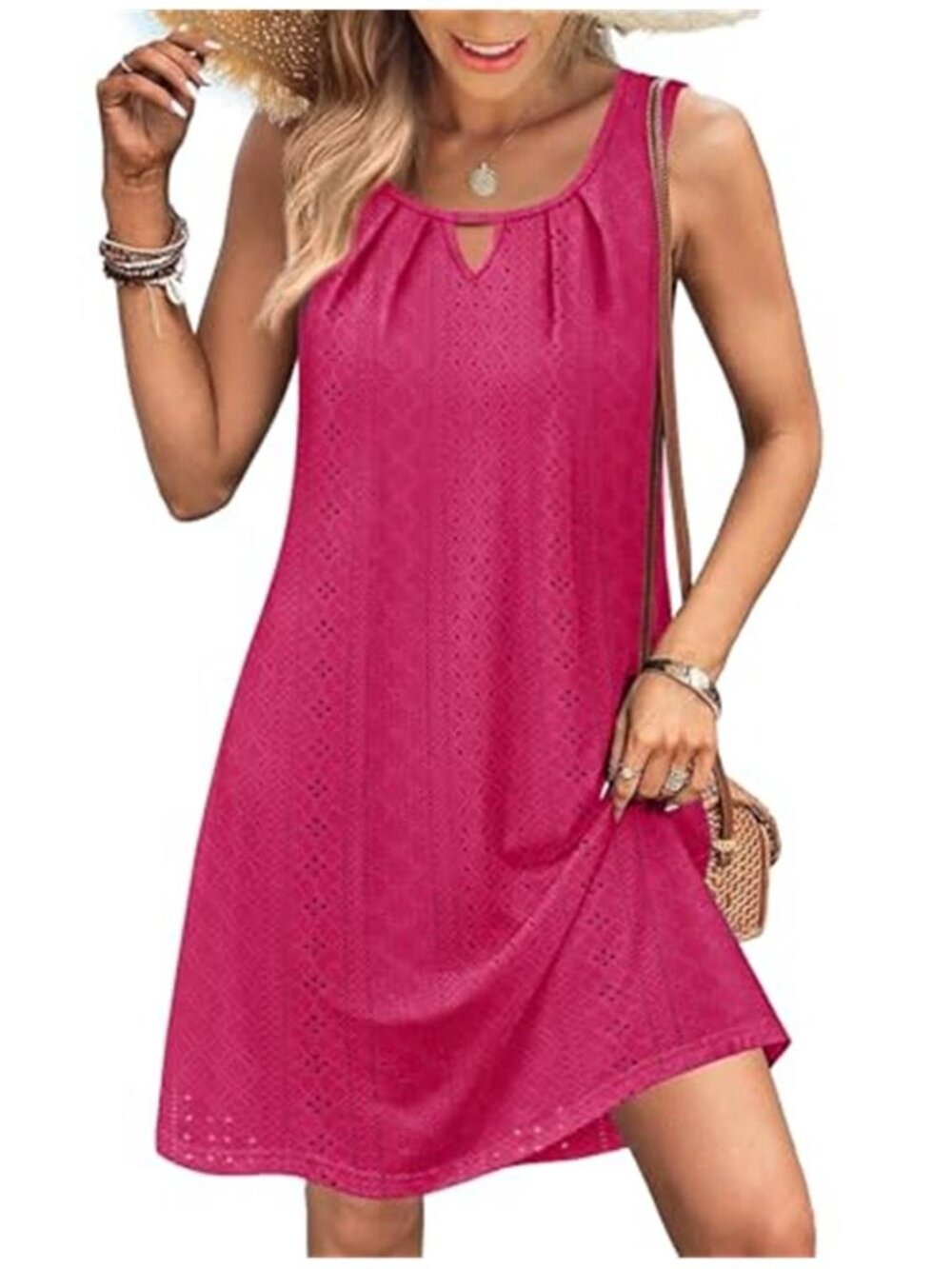 Womens Pink Crew Neck Beach Dress Sleeveless Summer Coverup Dress